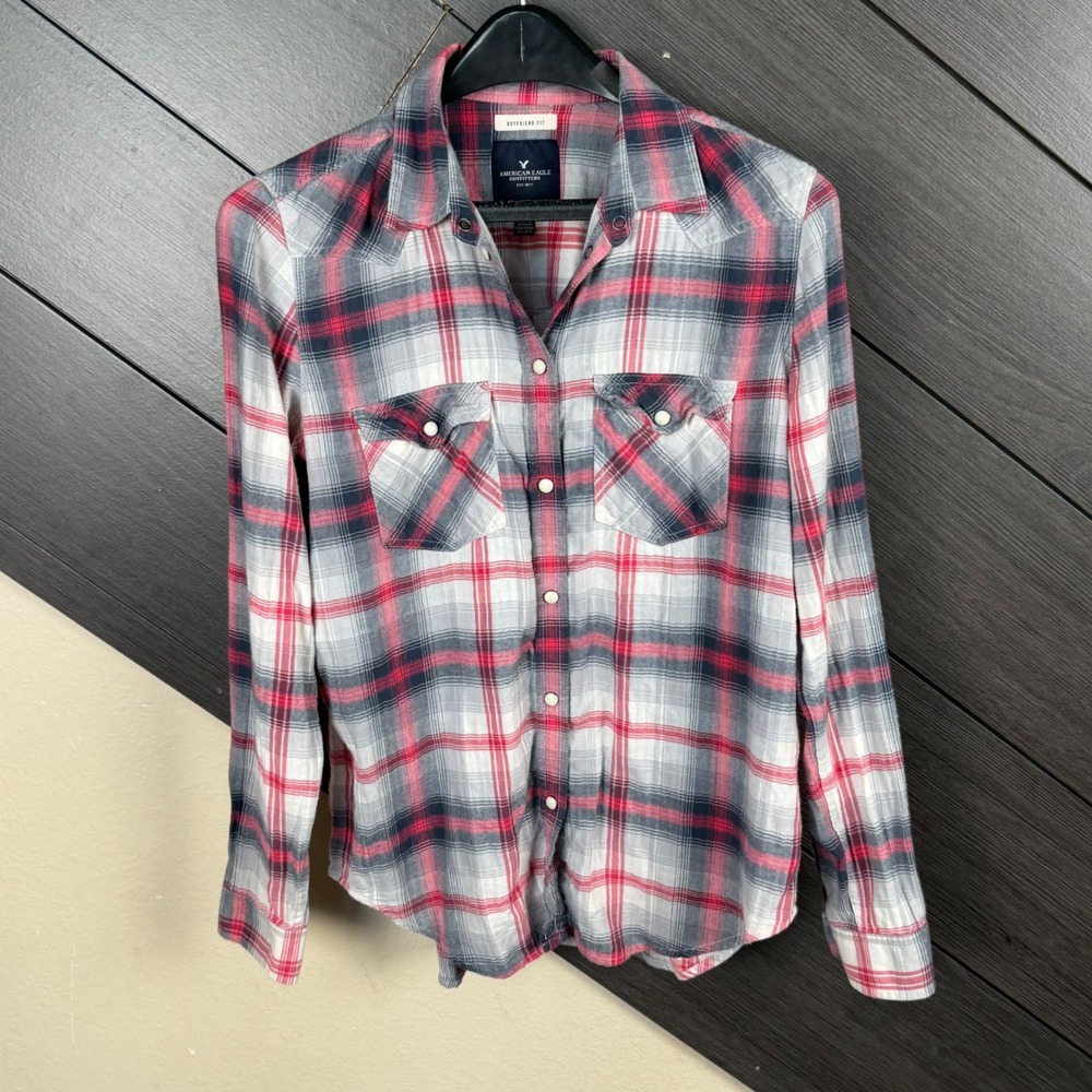 American Eagle Women's Western Plaid Shirt S Red Navy Snap Button Boyfriend Fit